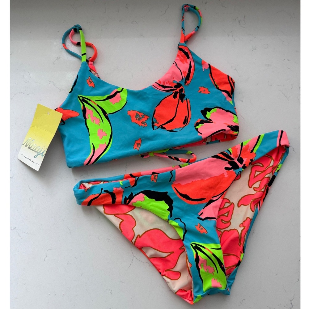 Maaji Reversible Floral Bikini Set Size S NWT Lace Up Back Tropical Swim